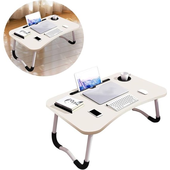 Laptop Desk Folding Lap Desk Laptop Stand Bed Laptop Bed Desk Lap Desk Foldable Bed Table Lap Tablet Desk for Household Bedroom (White Wood Cup Holder)