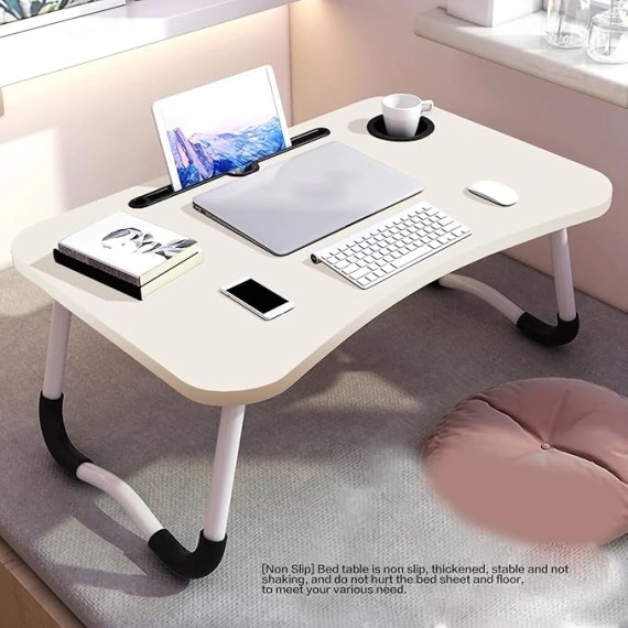 Laptop Desk Folding Lap Desk Laptop Stand Bed Laptop Bed Desk Lap Desk Foldable Bed Table Lap Tablet Desk for Household Bedroom (White Wood Cup Holder)