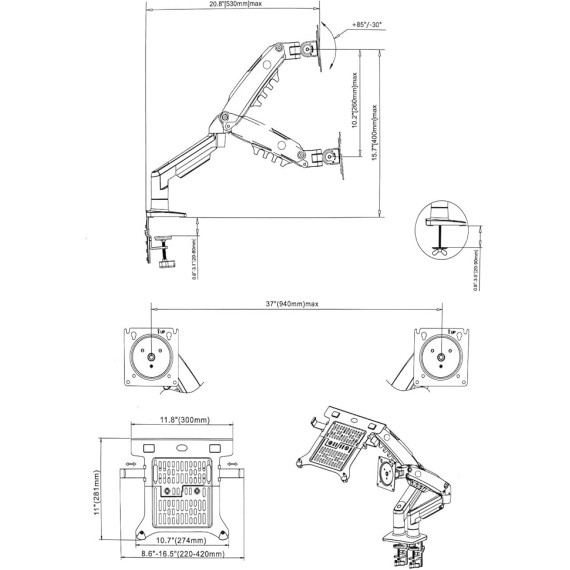 Monitor and Laptop Mount, Adjustable 2 in 1 Combo Mount for 17-30in Display and 10-17in Laptop, Single Arm Holds 19.8lbs